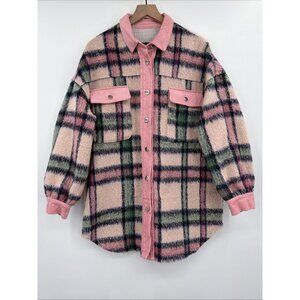 POL Women’s Plaid Shacket Large Oversized Pink Corduroy Trim Fuzzy Button Up